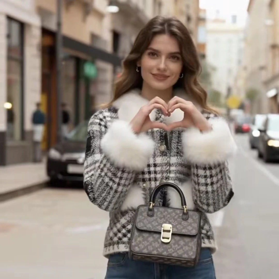 M19-[千鸟格水貂绒]小香风气质女拼接开衫款百搭冬季毛衣毛针织衫