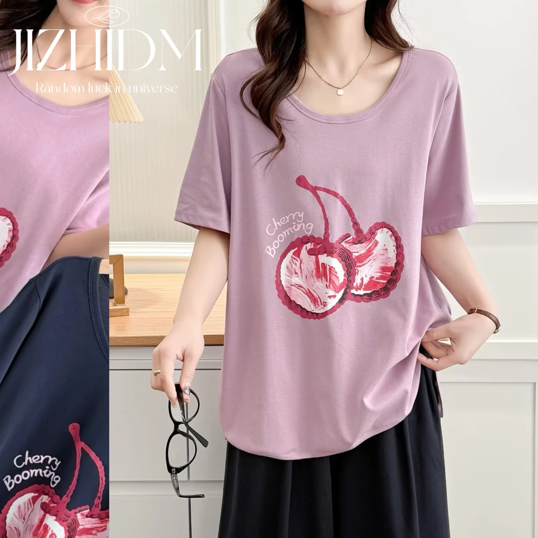【100-200斤】夏季新款樱桃印花圆领短袖弹力显瘦小衫女宽松百搭T恤
