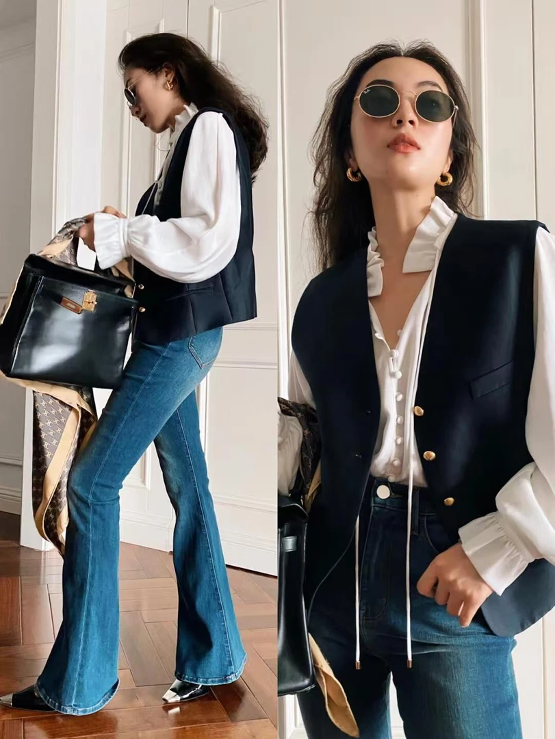 春季新款设计感高级衬衫气质V领收腰叠搭马甲背心复古牛仔裤套装