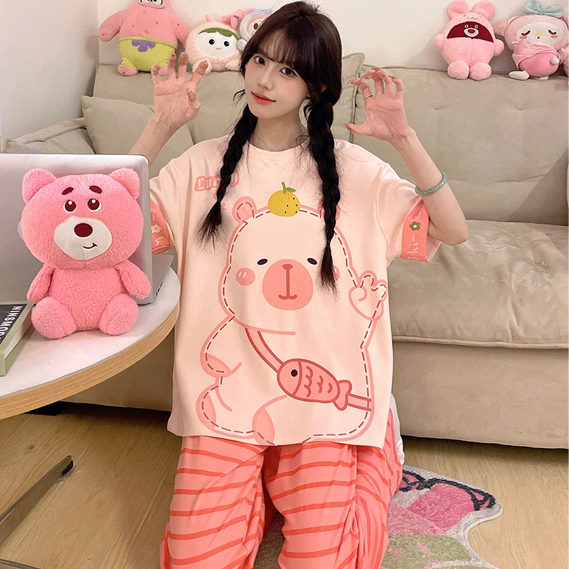 睡衣女夏季纯棉短袖长裤套装夏天薄款可爱卡通甜美家居服春秋新款