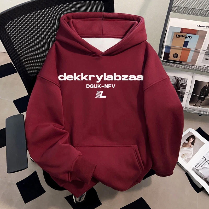 Dekkry潮流高街酒红色百搭套头连帽卫衣男女秋冬字母印花时尚上衣