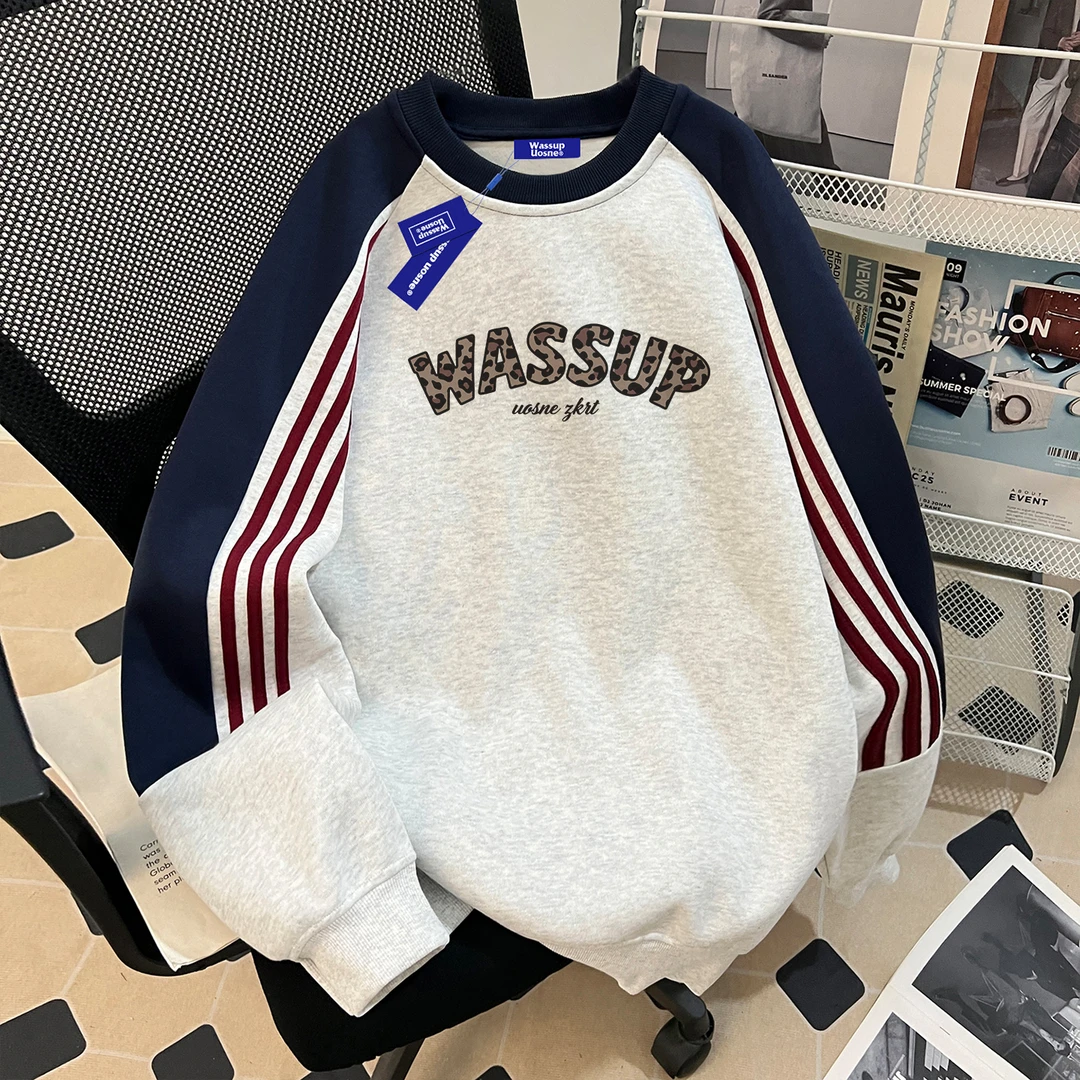 WASSUP UOSNE拼接三条杆圆领卫衣男美式潮牌冬季加绒宽松长袖上衣