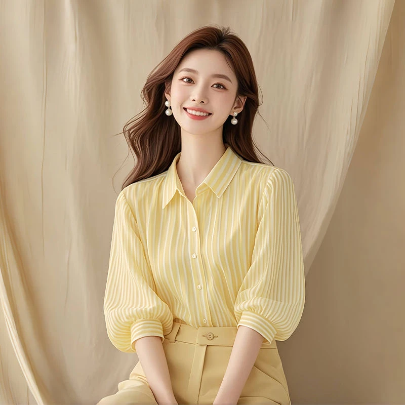 黄色polo领条纹薄款防晒半袖衬衫独特超好看上衣春季女2025新款夏