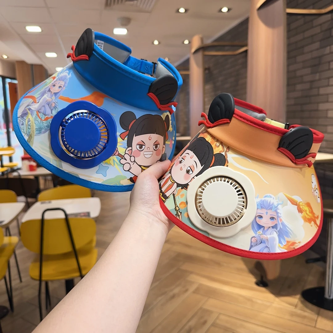 哪吒帽子儿童带风扇空顶帽2025新款男女童宝宝夏季遮阳防晒太阳帽