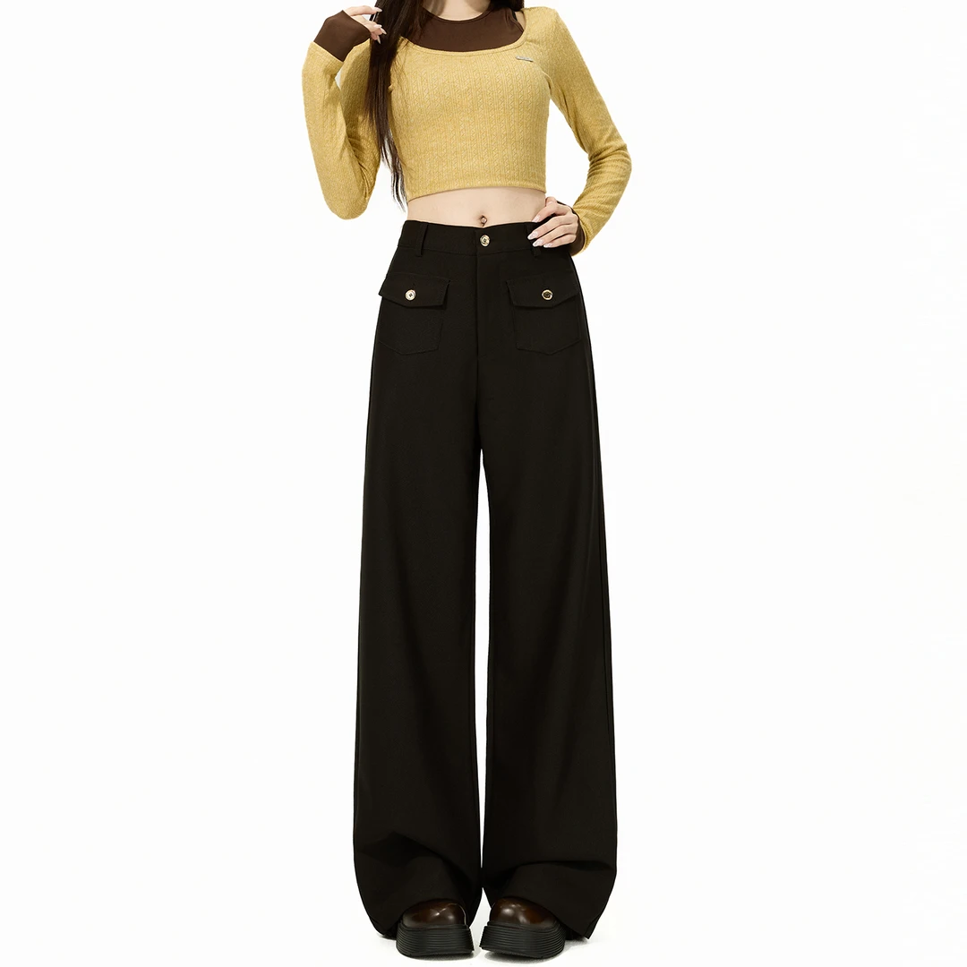 黑色直筒阔腿裤女2025秋冬新款高腰宽松显瘦百搭设计感拖地休闲裤