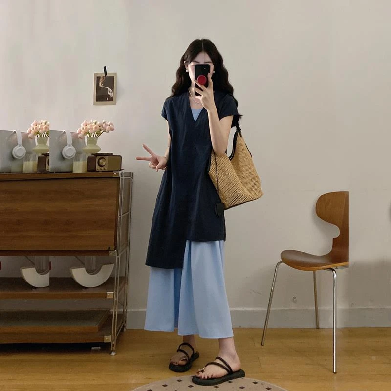 大码法式设计感独特罩衫上衣女胖MM轻熟风高级感叠穿吊带裙两件套