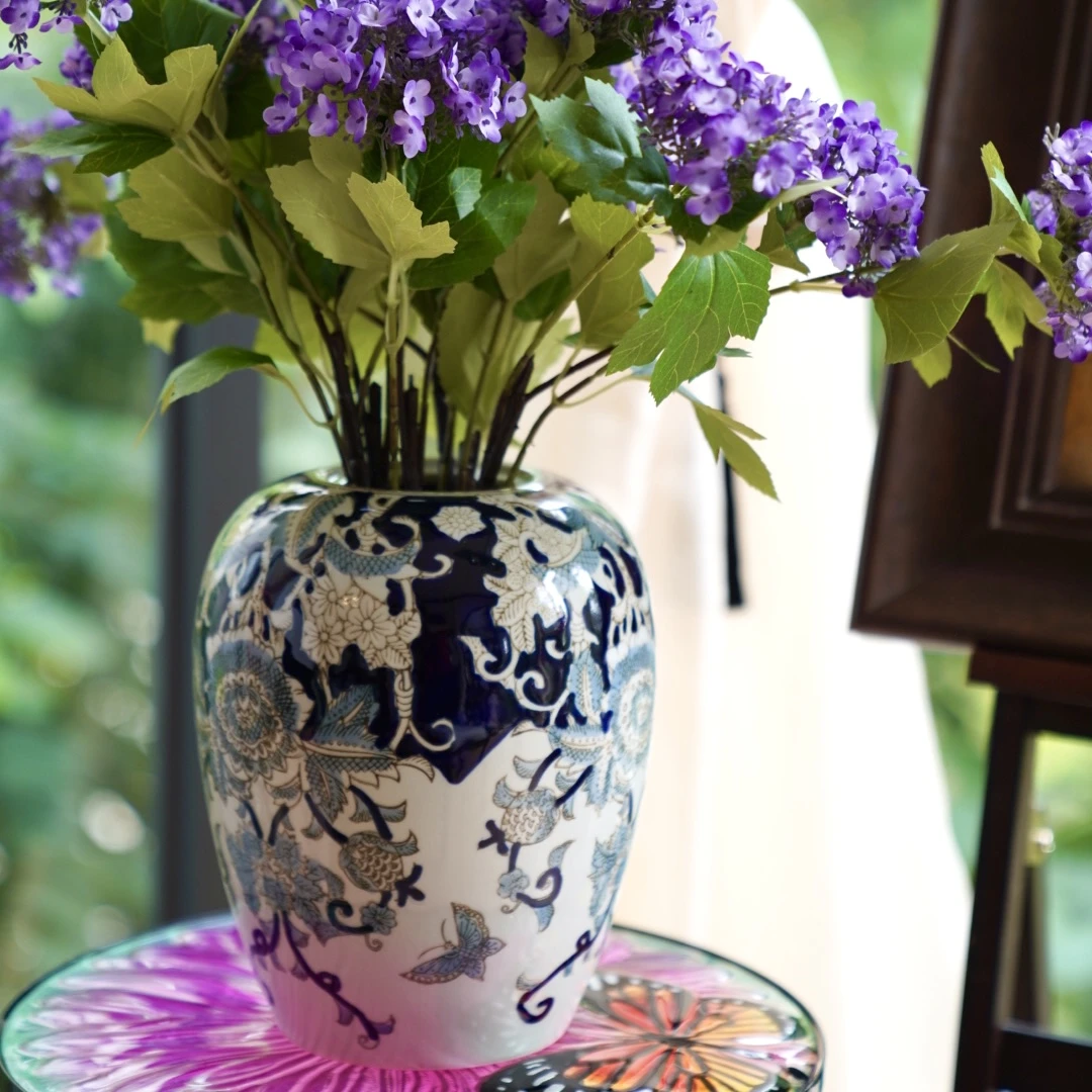 新中式手绘彩绘陶瓷带盖冬瓜罐花瓶花开富贵20*20*29c