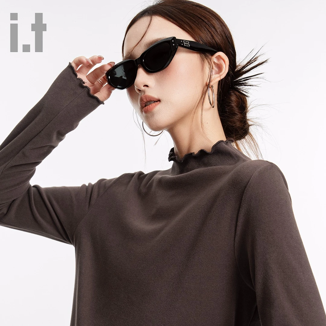 it FINGERCROXX长袖t恤女秋季潮流休闲上衣木耳领内搭纯色打底衫