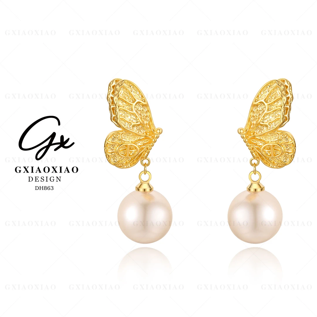 铜合金仿珍珠耳饰  镀K金 法式气质高级感优雅蝴蝶耳环 DH863
