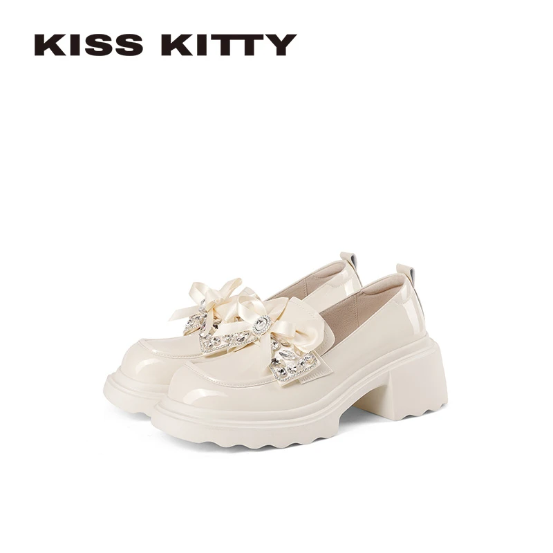 Kiss Kitty26年新款时尚白色百搭复古春季单鞋法式厚底圆头乐福鞋