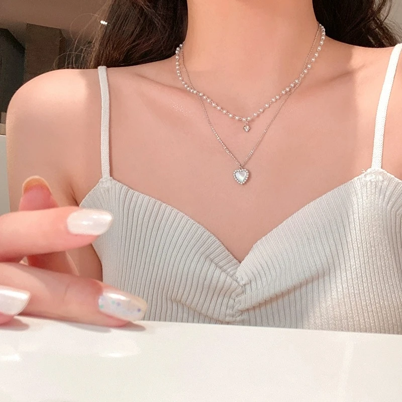 合金项链 双层爱心项链女款轻奢小众颈链高级百搭浪漫锁骨链法式