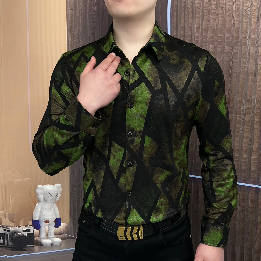 黑绿条纹衬衫春款长袖衬衣男士休闲春季百搭时尚修身潮流打底