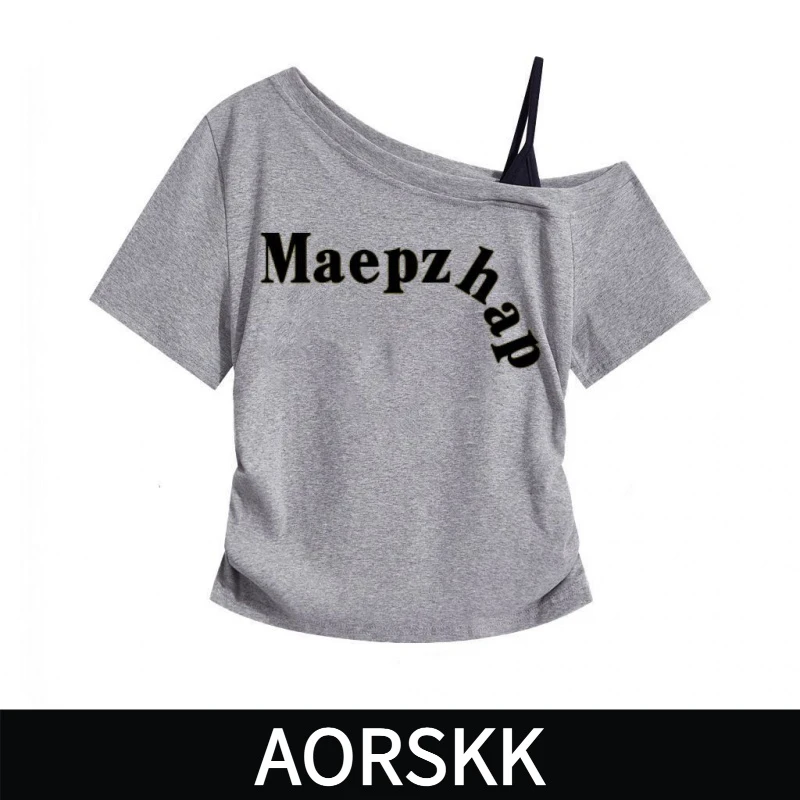 【AORSKK】斜肩吊带短袖t恤女露肩chic爆款日系遮肚通勤休闲盐系气