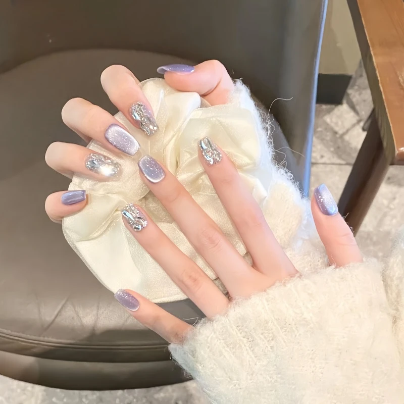 紫气东来新款高颜值纯手工紫色猫眼短款显白爆闪穿戴甲手工穿戴甲