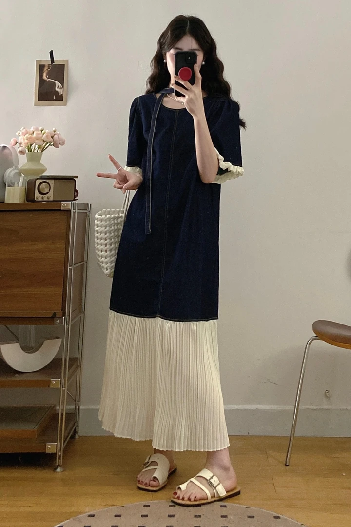 胖MM夏季新款法式小众收腰显瘦百褶鱼尾拼接气质中长款连衣裙女