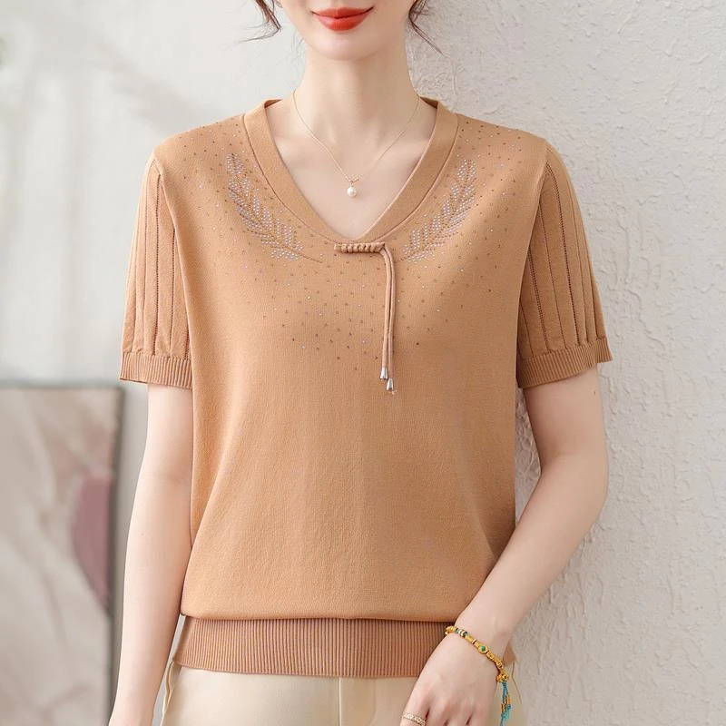 恒源祥彩羊洋气胖妈妈针织短袖T恤女夏季宽松遮肚加肥加大码中老