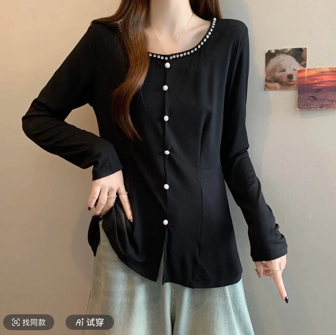 大码法式气质长袖T恤女早秋胖mm显瘦设计感小众收腰打底衫上衣潮