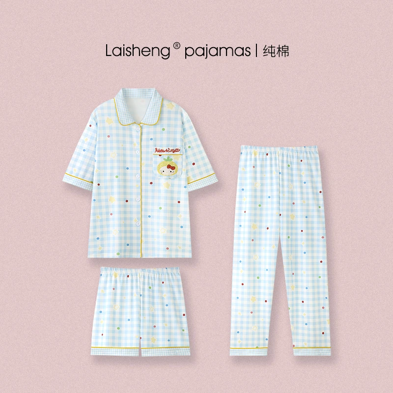 天蓝色2025年新款格子睡衣女三件套夏纯棉短袖可爱卡通春秋家居服