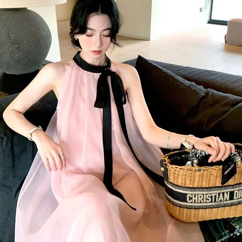 法式温柔风宽松系带连衣裙高级无袖甜美生日海边度假裙子时尚百搭