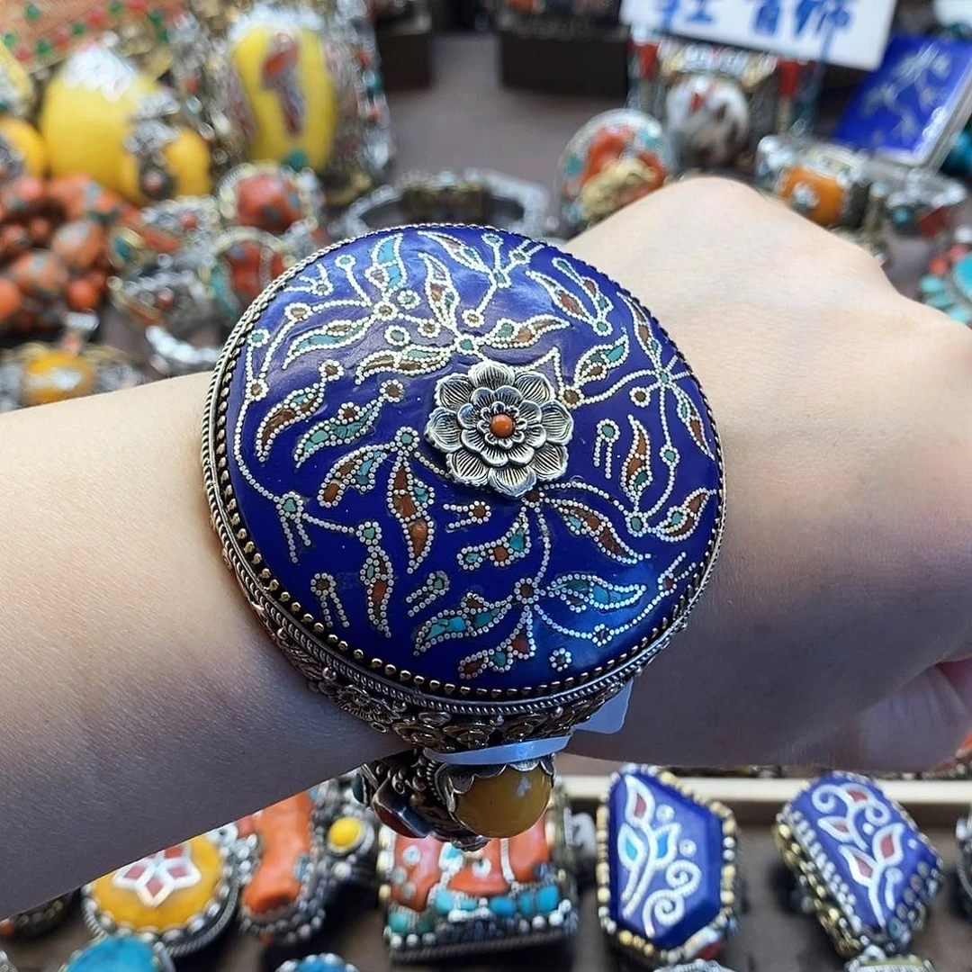 银S925镶嵌青金石手镯八宝尼藏直播间