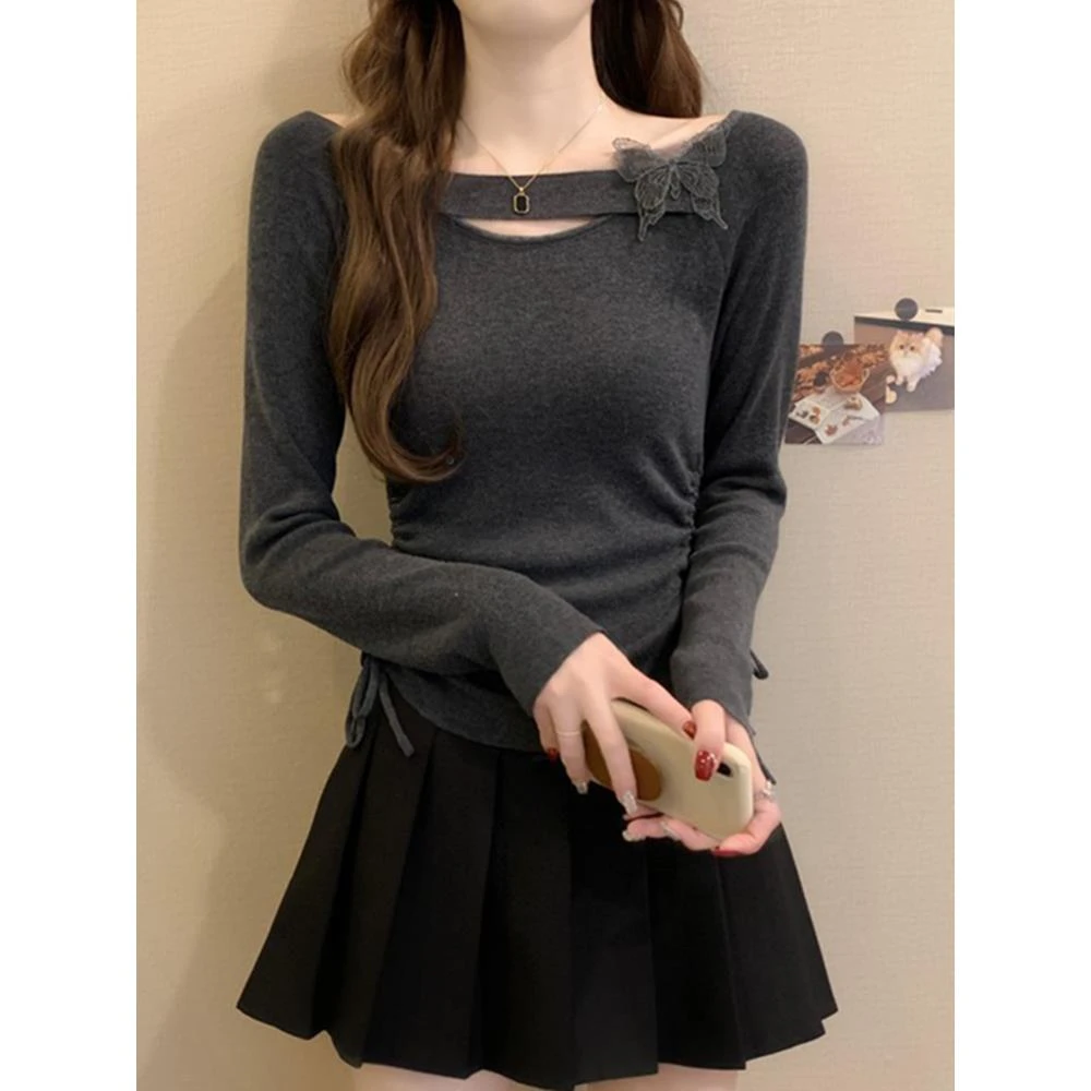 灰色蝴蝶针织打底衫女秋季穿搭爵士舞独特漂亮miu里miu气长袖上衣