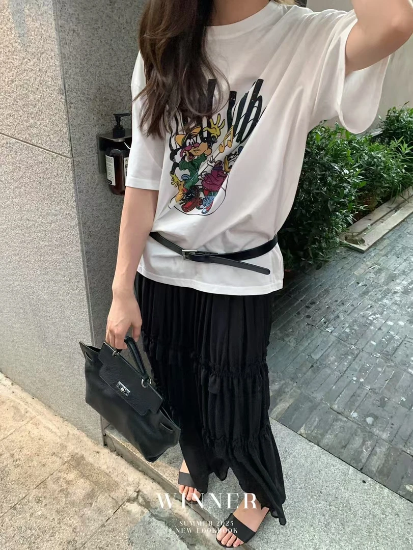 夏季休闲风卡通图案印花圆领短袖宽松显瘦卡通T恤女