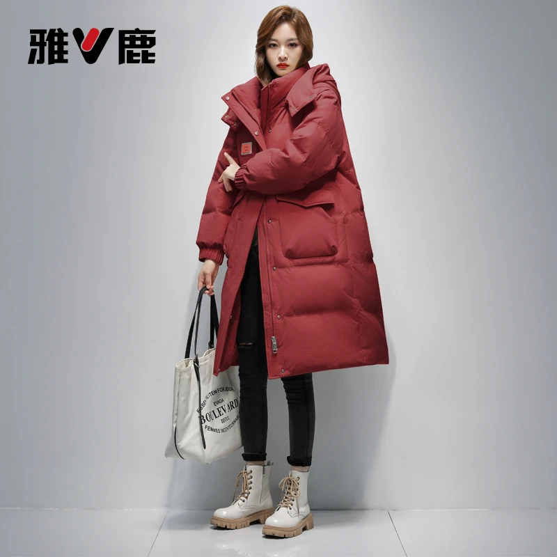 雅鹿冬季长款时尚连帽过膝羽绒服加厚保暖休闲户外宽松女士外套xj