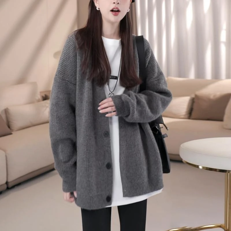 慵懒风灰色毛衣开衫女2025秋冬新款宽松高级感中长款针织长袖上衣