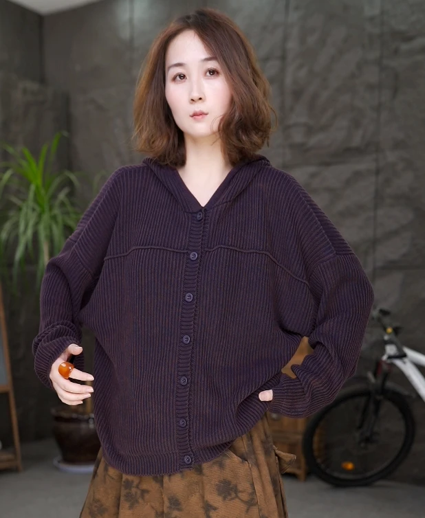 短款简约通勤长袖不褪色毛针织衫复古春秋条纹连帽开衫上衣女