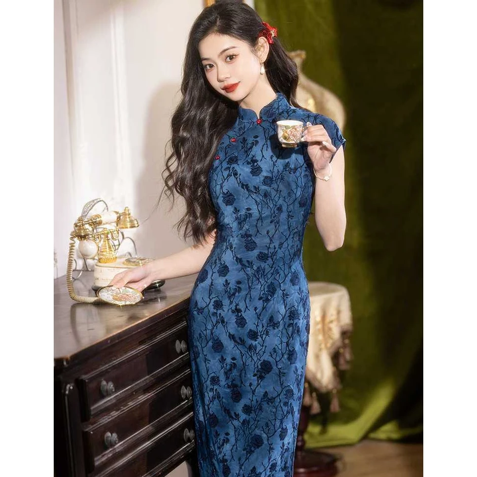 【9962】新中式蓝色显瘦旗袍修身长款改良国风老上海复古夏季女