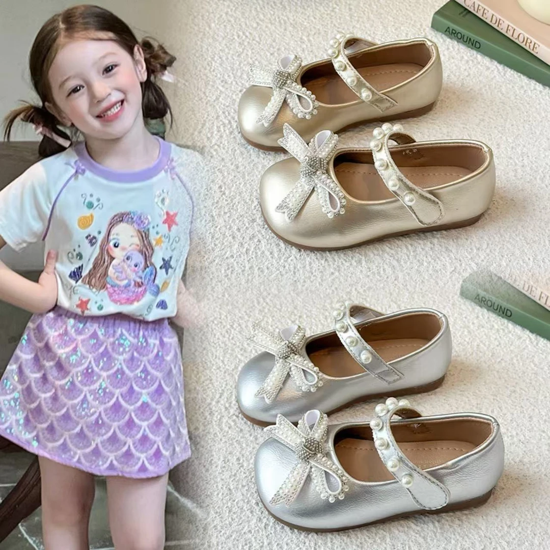 女童小皮鞋童鞋2025春秋季新款金色儿童小公主鞋软底女孩宝宝单鞋