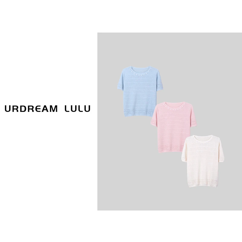 [海岛小调] 莱赛尔桑蚕丝和纸纱串珠短袖女透气圆领时尚T恤-P7575