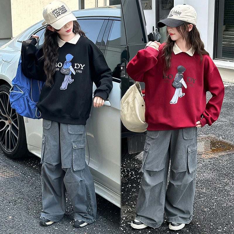女童卫衣秋季套装2025新款女大童秋装工装阔腿裤儿童两件套6-12岁