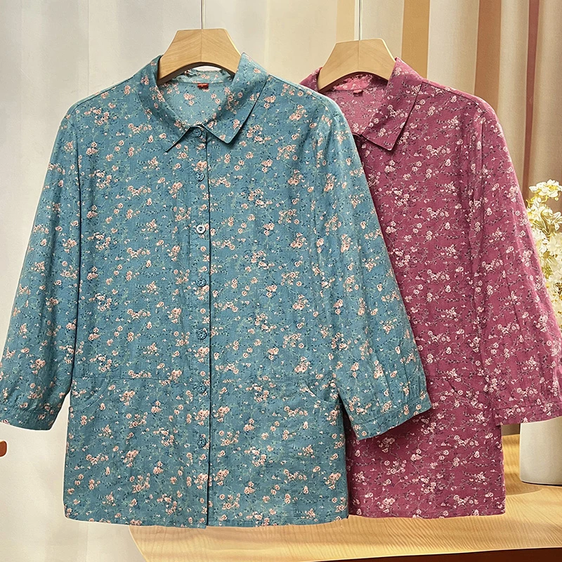 老年人纯棉衬衫女碎花中袖奶奶夏装上衣60岁70妈妈全棉老太太衣服