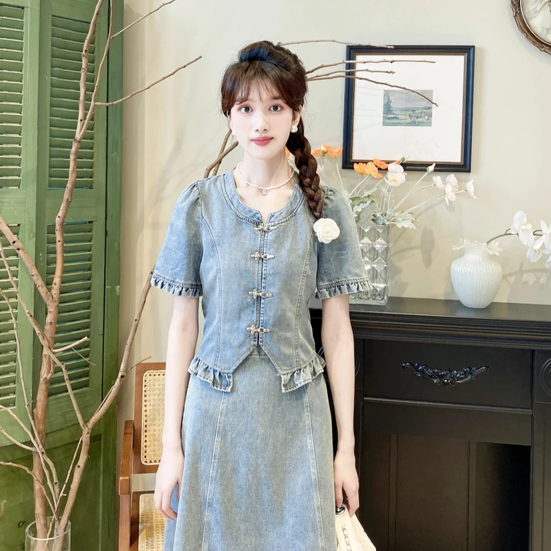 复古新中式牛仔小衫a字裙套装新款气质收腰两件套裙子SZ1906135