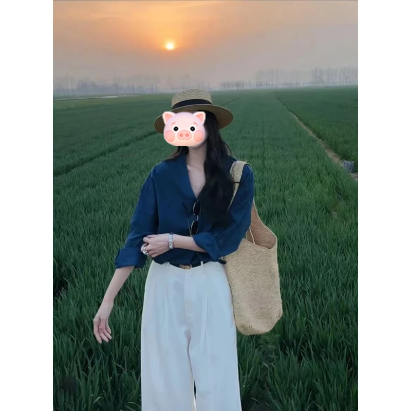 蓝色衬衫衬衣独特超好看小衫长袖上衣白色阔腿裤薄款西装裤直筒裤