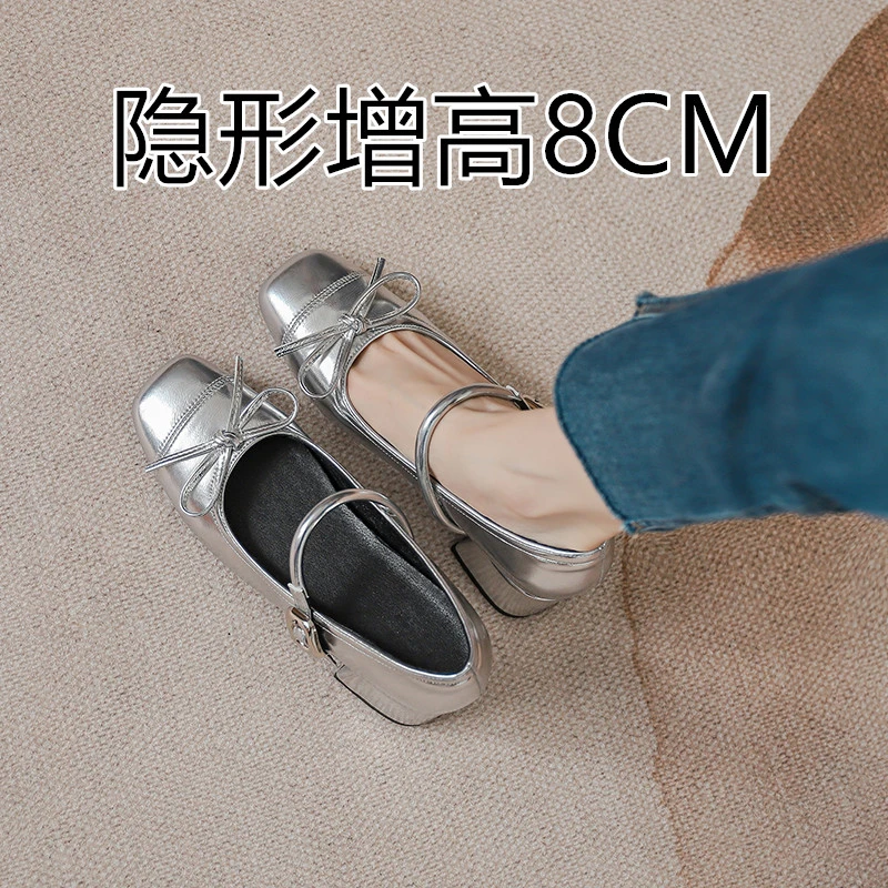 牛皮版~小香风银色内增高玛丽珍鞋女蝴蝶结一字带粗跟浅口单鞋女