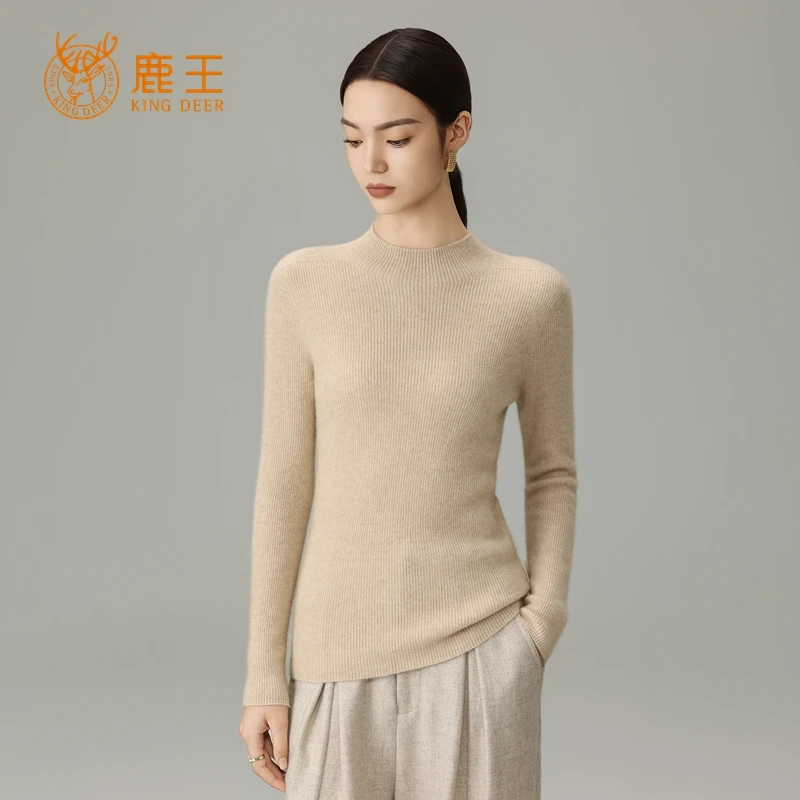 鹿王25秋冬新款半高领抽条修身百搭针织羊绒衫套头毛衣 LS8087