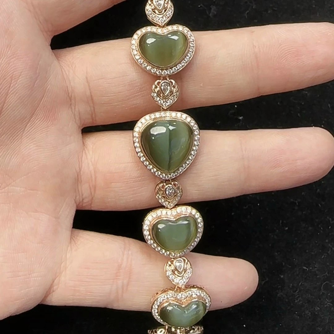 和田玉碧玉18K金猫眼一线猫爱心手串