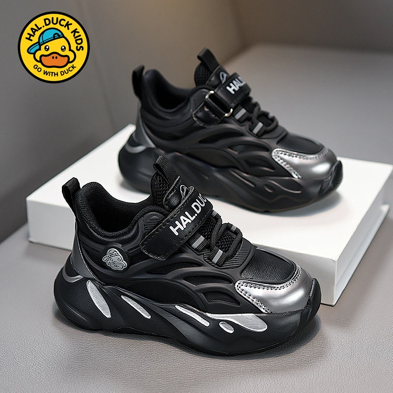 小黄鸭男童校园运动鞋2025秋冬款防水皮面休闲鞋跑步鞋2-10岁防滑