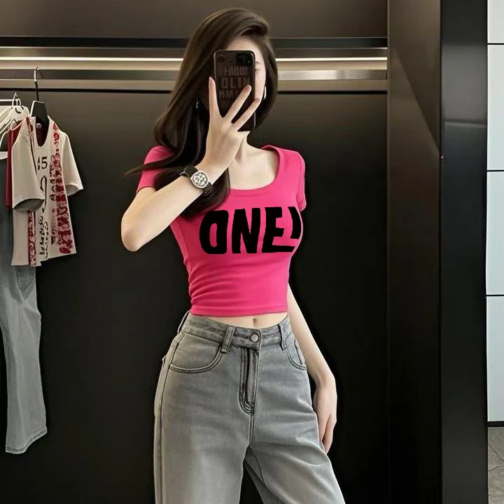 短袖字母短款夏季高腰韩版ins纯棉正肩T恤辣妹小众烫印设计感上衣