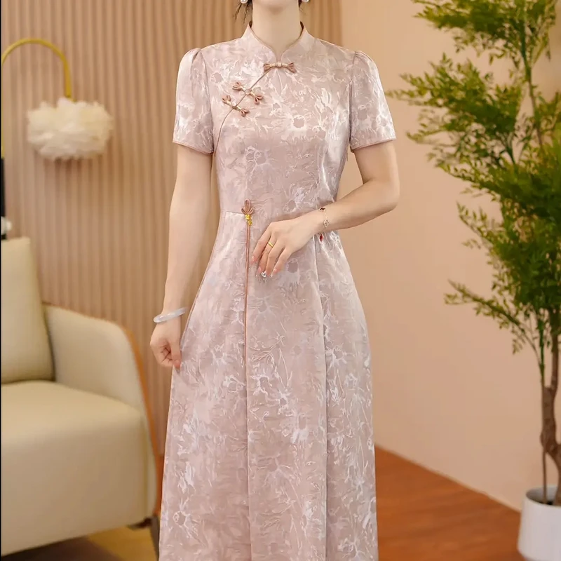 中国风妈妈装夏季新款改良新中式旗袍连衣裙遮肚子收腰显气质