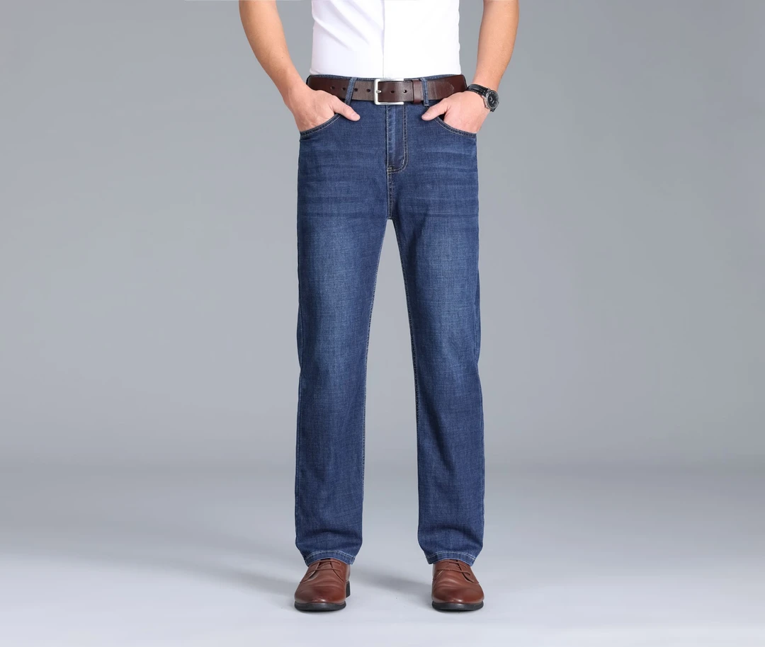 金盾夏季薄款高端商务牛仔裤直筒高腰弹力男士大码春夏长裤