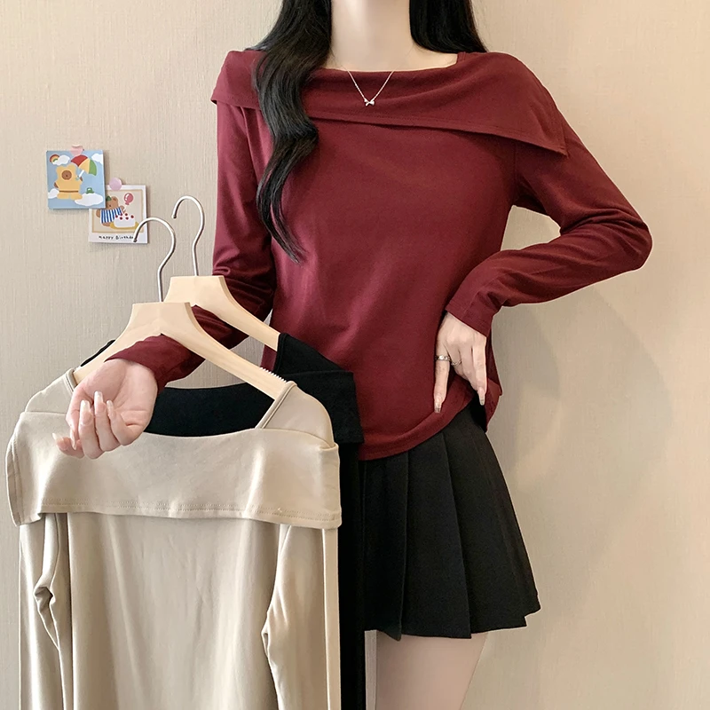 Q2025秋款胖mm大码女百搭高级感一字肩加厚磨毛打底上衣 A0946