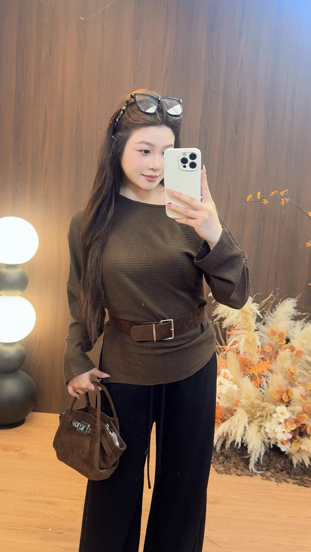 时尚气质显瘦斜肩长袖T恤长袖针织衫打底上衣