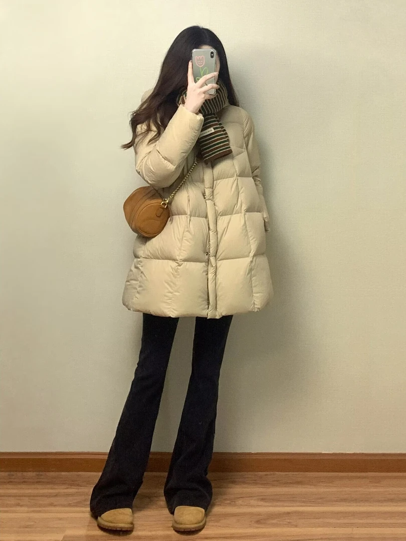 韩系卡其色中长款连帽棉服女2025冬季新款高级感宽松保暖棉衣外套