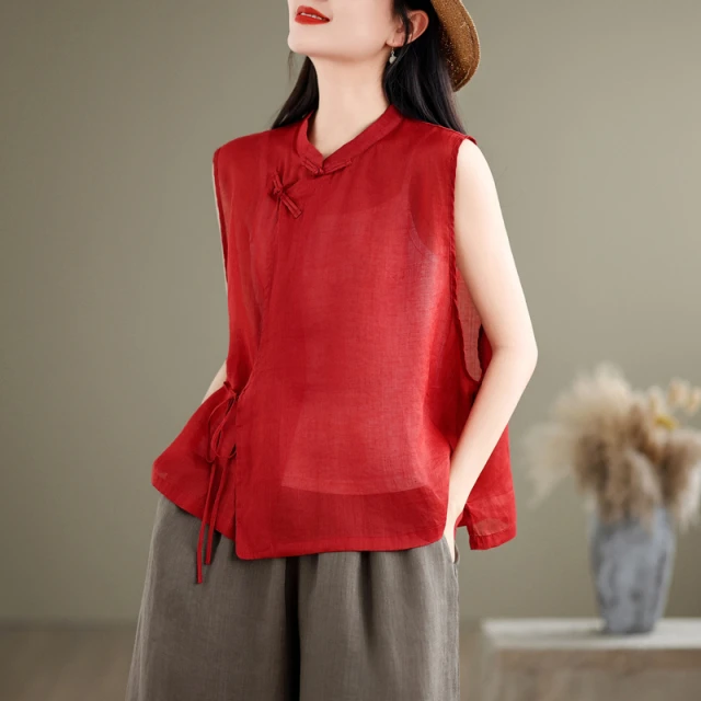 新中式国风无袖苎麻衬衫女夏2024新款设计感斜襟系带盘扣小衫上衣