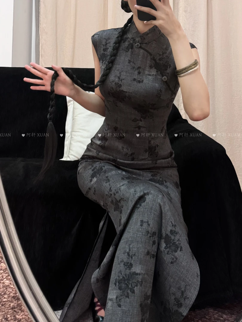 阿轩XUAN 【晚舟】秋灰色印花小众无袖新中式简约通勤旗袍连衣裙