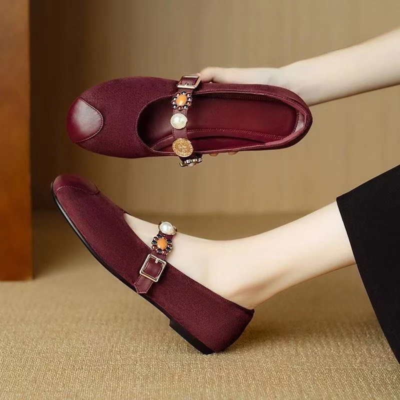 复古法式单鞋女珍珠一字带平底女鞋2025春新款玛丽珍女鞋
