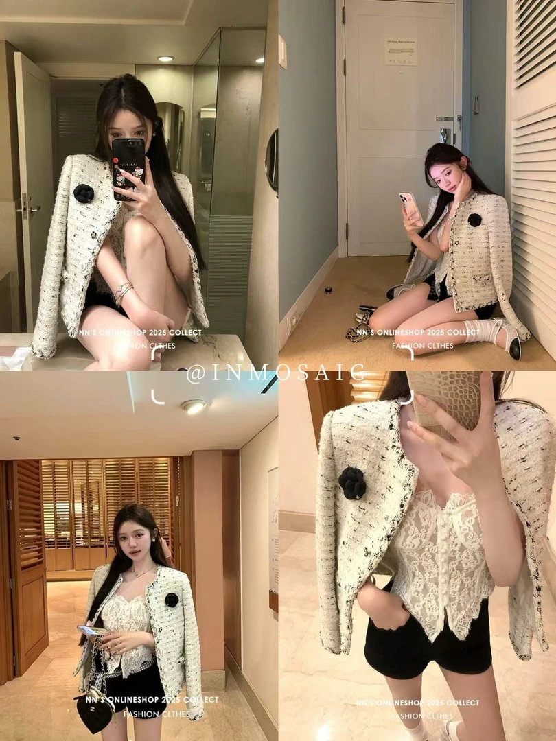 小香风法式花朵长袖外套女秋季粗花呢宽松高级感气质休闲开衫上衣